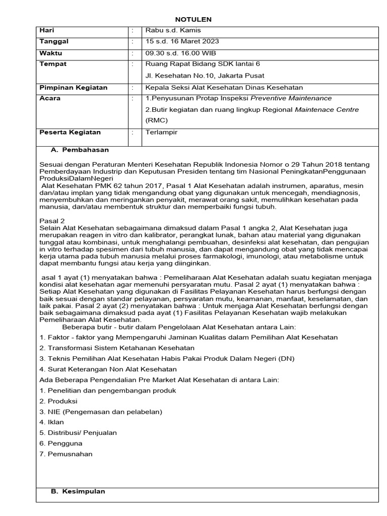 Protap Pemeliharaan Alat Kesehatan 2023 | PDF