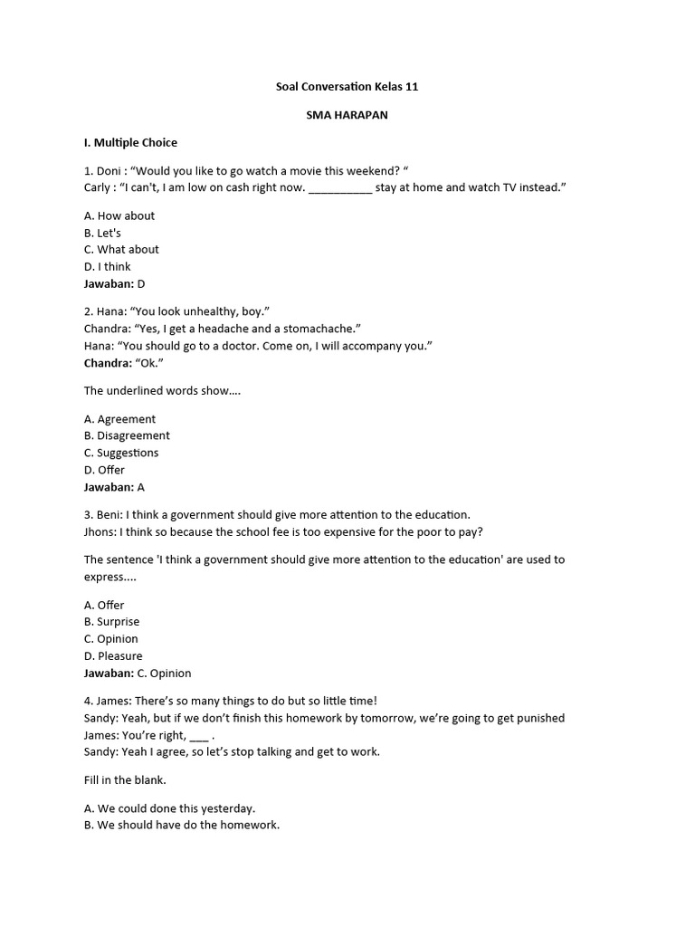Soal Conversation Kelas 11 Sma Harapan Pdf