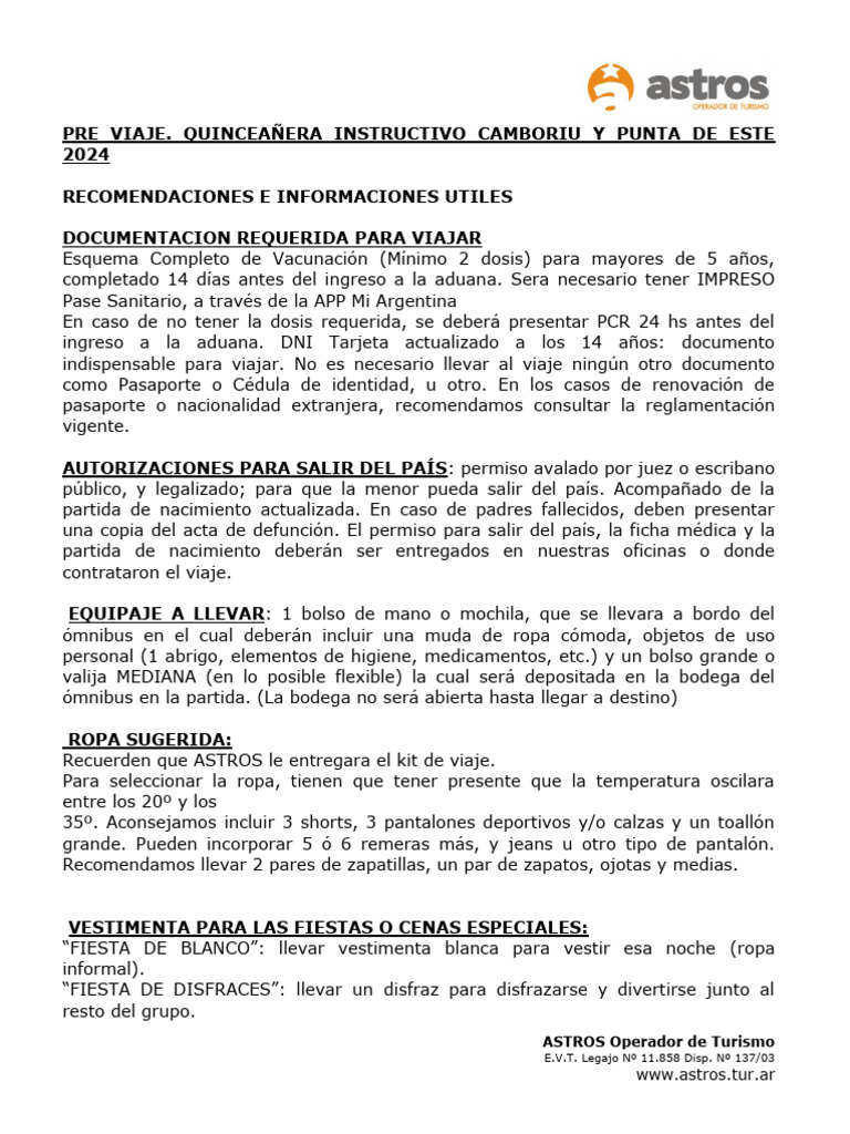 Instructivo Pre Viaje Quinceañeras Camboriu 2024 Descargar Gratis Pdf