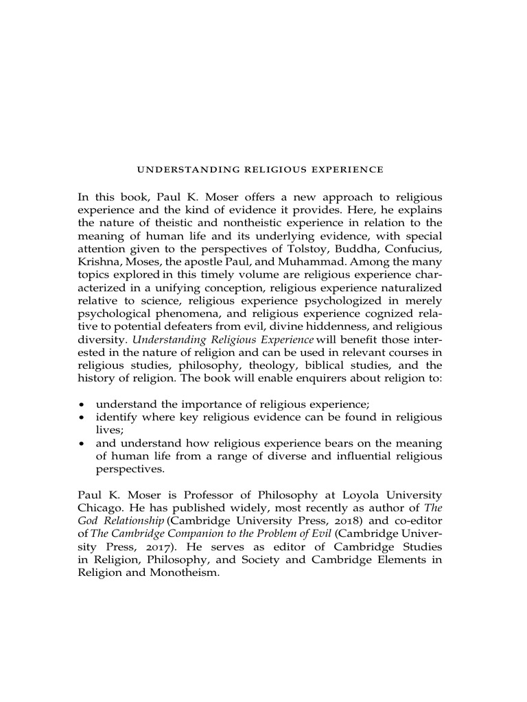 MOSER, Paul (2020) Understanding Religious Experience. From Conviction ...