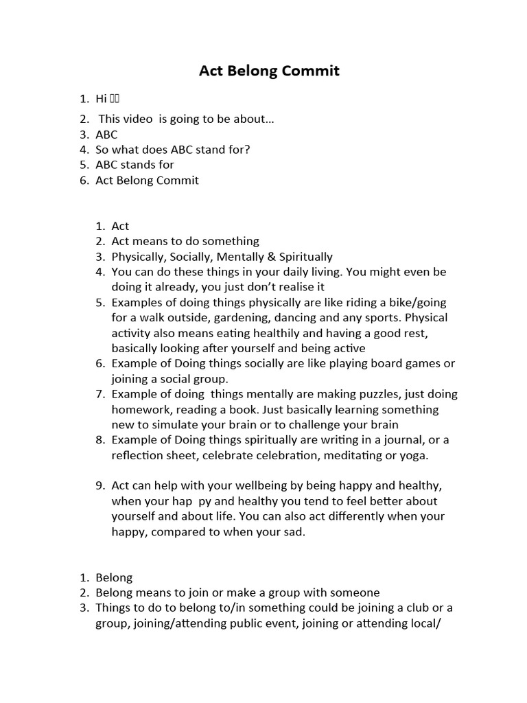 Act Belong Commit Speech Draft | PDF | Psychology