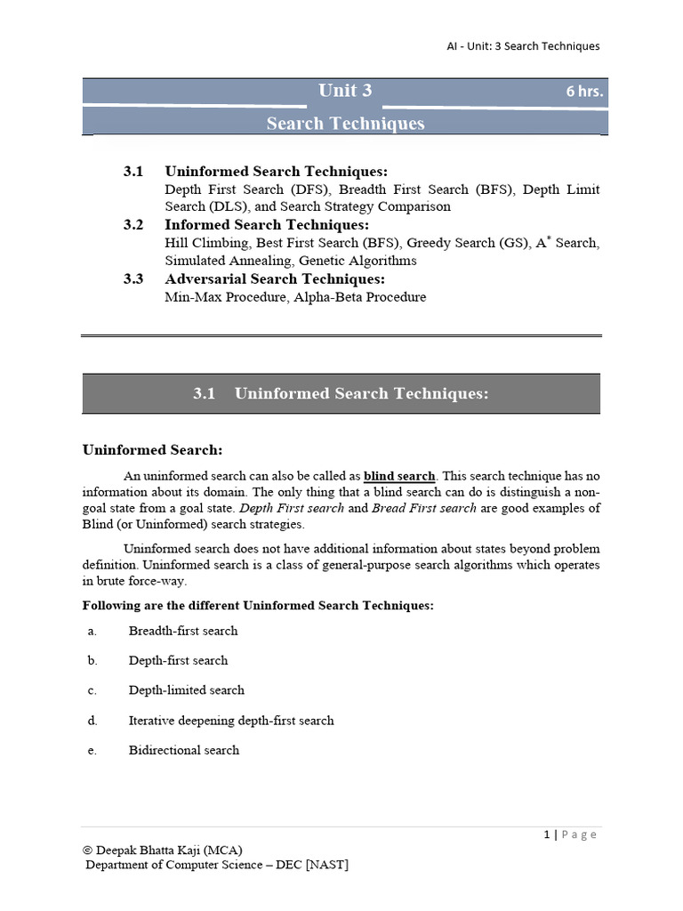 Unit 3 Search Techniques | PDF | Mathematical Optimization | Algorithms ...