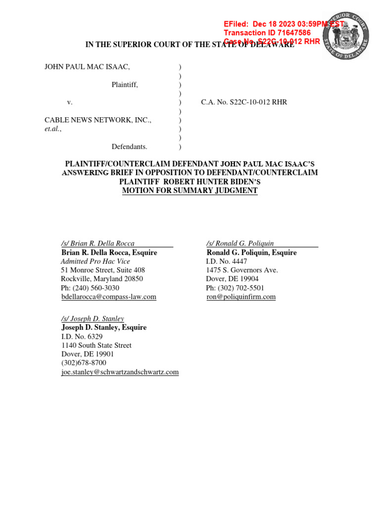 Mac Isaac's Opposition to Biden's Motion | PDF | Defamation | Summary ...
