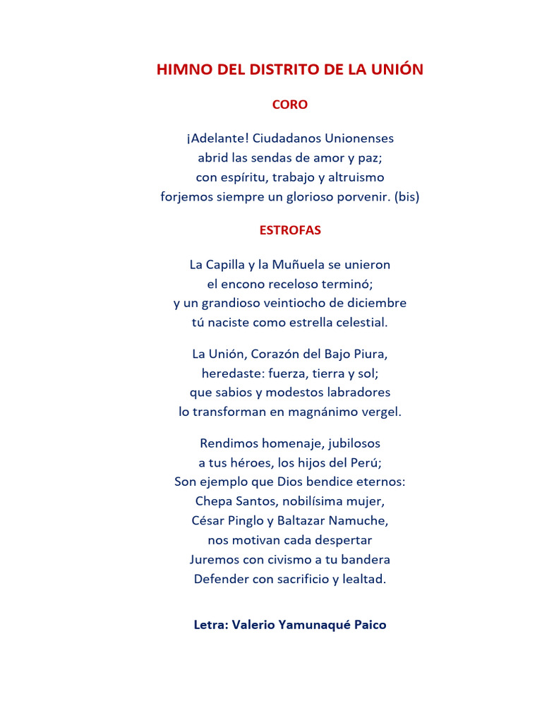 Himno Distrito La Unión | PDF