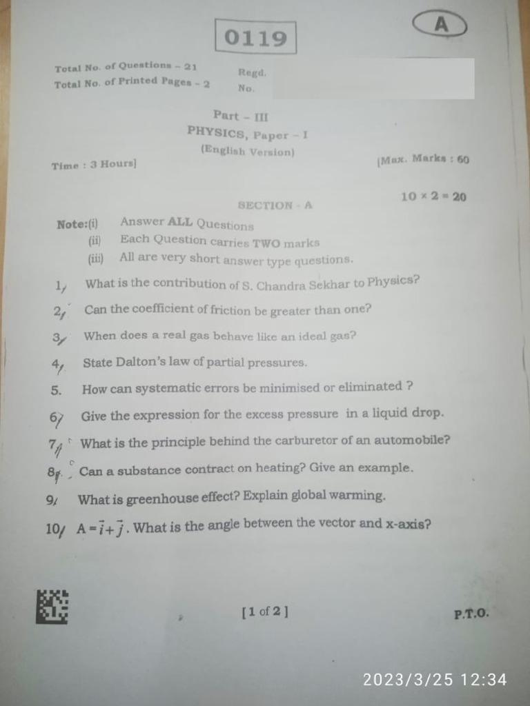 TS Physics Paper - 1 | PDF