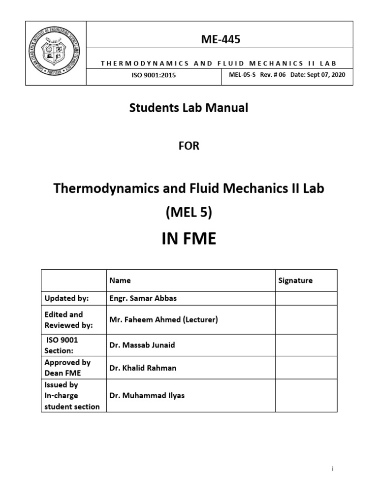 Thermodynamics & Fluid Mechanics Lab Manual | PDF | Laboratories ...