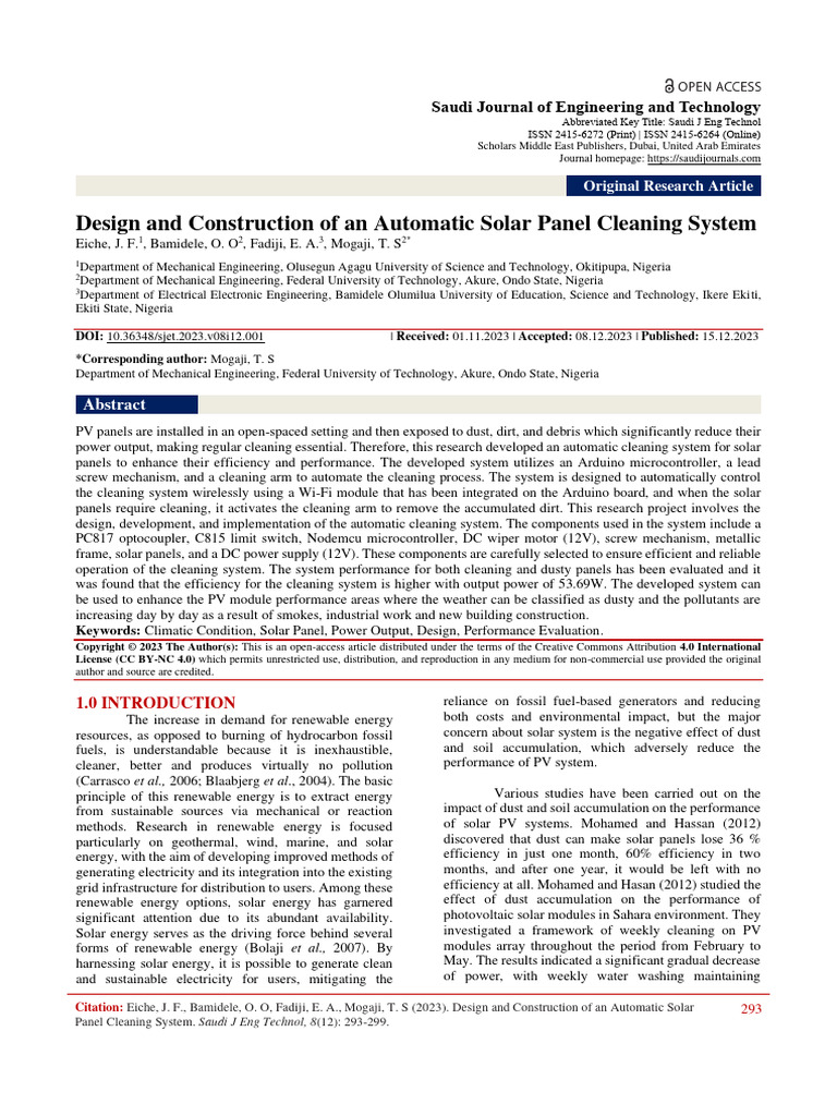 Design and Construction of An Automatic Solar Panel Cleaning System ...