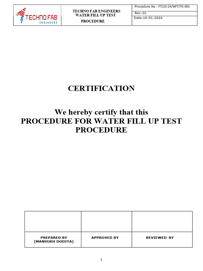 WATER FILL UP Procedure Rev.01 PDF Leak Materials