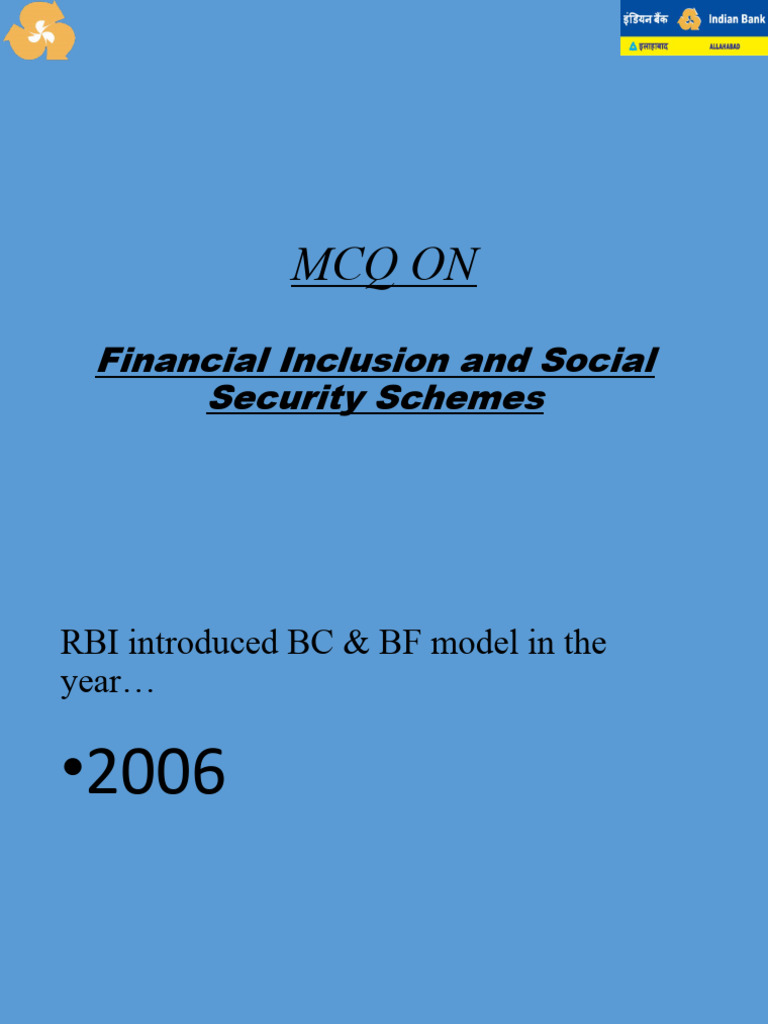 MCQs on Financial Inclusion Schemes | PDF | Financial Inclusion | Money