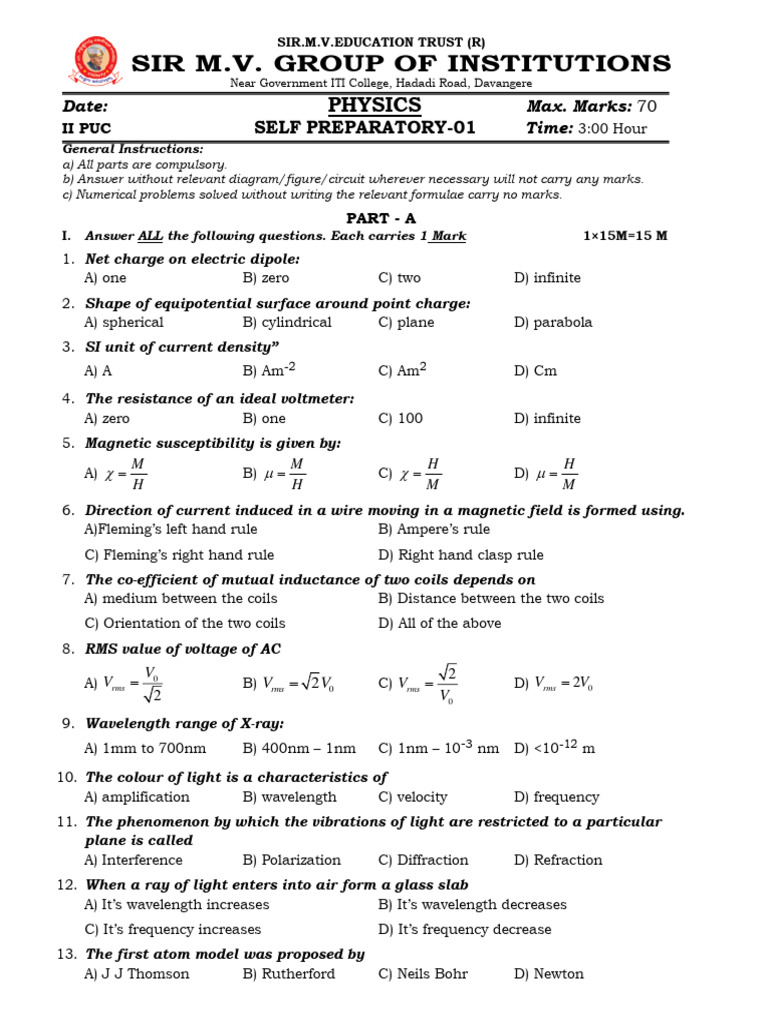Physics II PUC Self Preparatory Exam | PDF | Inductor | Magnetic Field