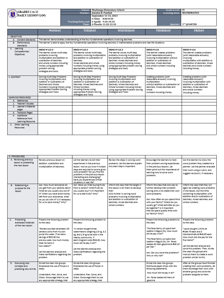 Grade VI Math Daily Lesson Plan | PDF | Learning | Multiplication