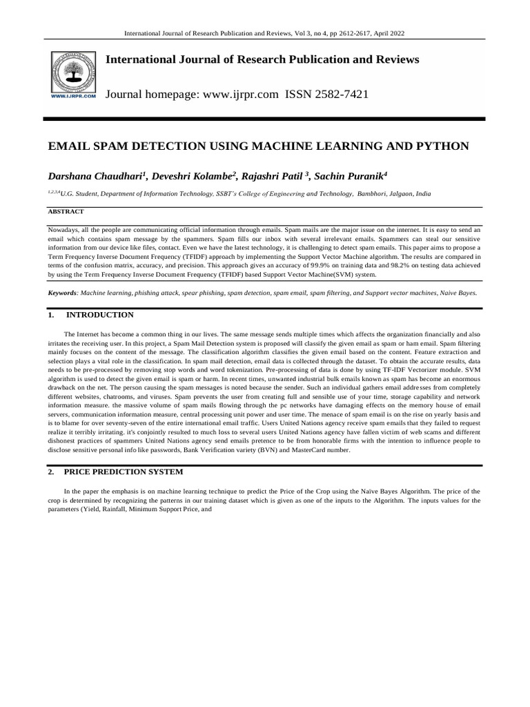 Emai Spam Detection Using Machine Learning and Python - IJRPR3714 | PDF ...