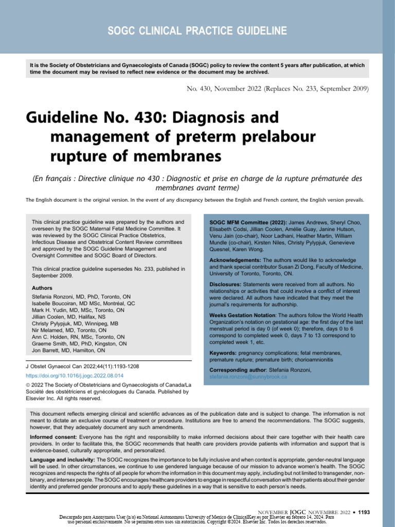 Guideline No. 430 - Diagnosis and Management of Preterm Prelabour ...