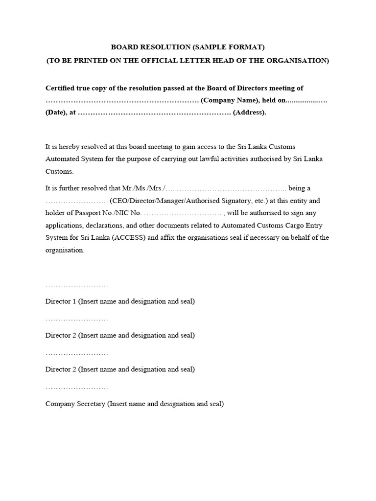 Board Resolution for Customs Access | PDF