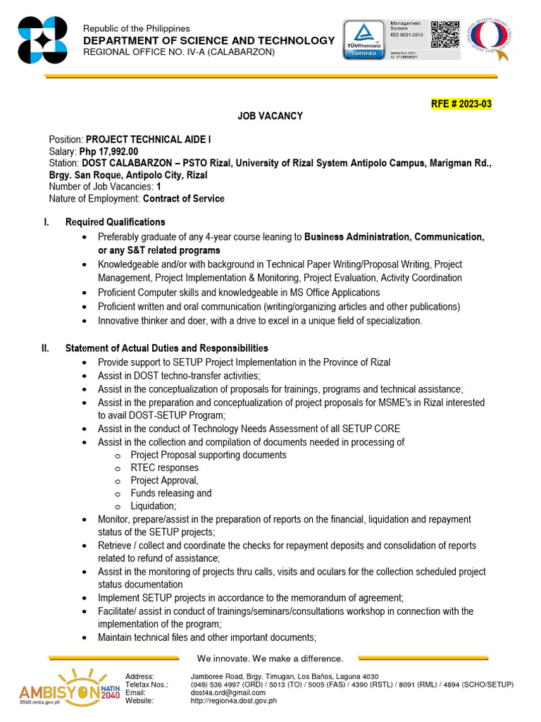 Job Vacancy: Project Technical Aide I | PDF | Business
