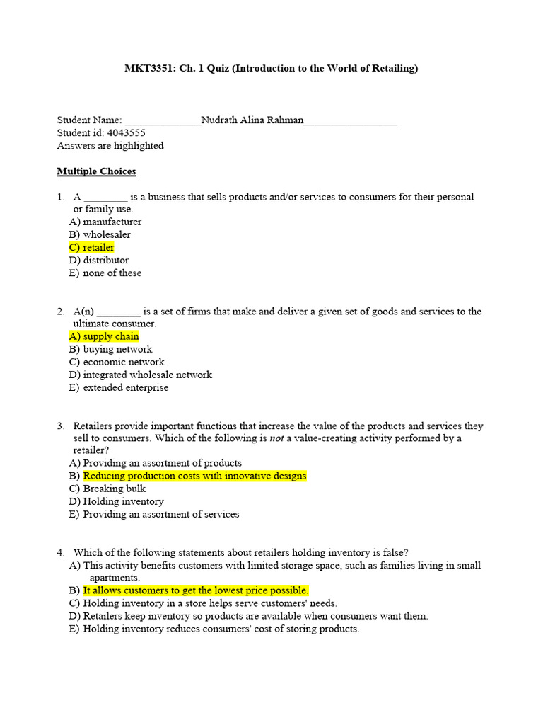Quiz Ch1 Introduction Retailing Completed Pdf Retail Inventory
