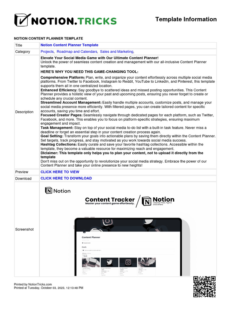 Notion Template Notion Content Planner Template PDF Popular