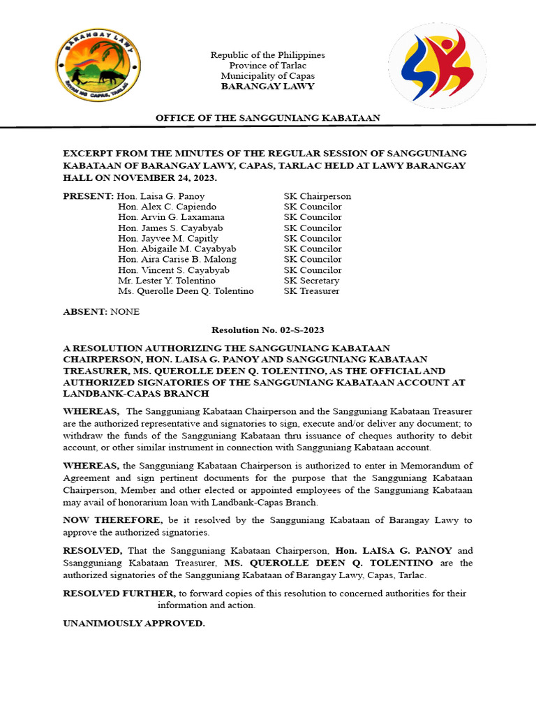 SK Resolution on Authorized Signatories | PDF | Youth | Youth Organizations