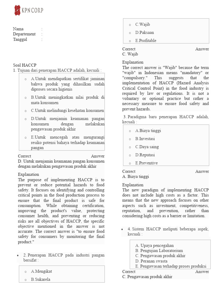 Soal Haccp Pdf Hazard Analysis And Critical Control Points Food