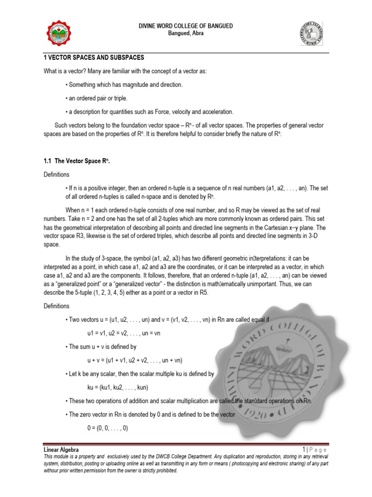 1 vector spaces and subspaces additional activity pdf vector