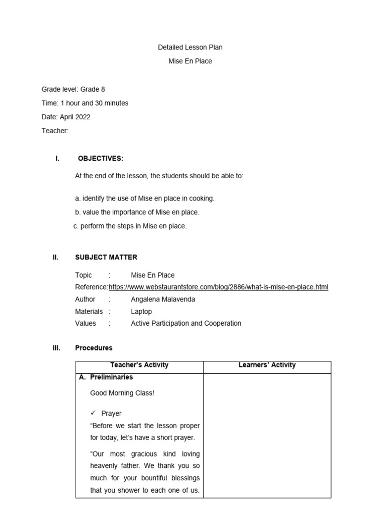 Detailed Lesson Plan - MISE EN PLACE | PDF | Flour | Breads