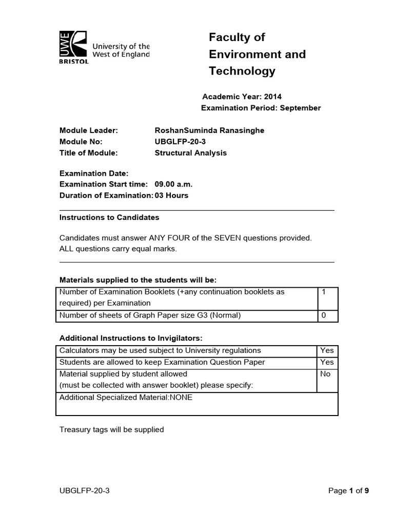 Structural Analysis Exam Paper 2014 | PDF | Beam (Structure) | Bending