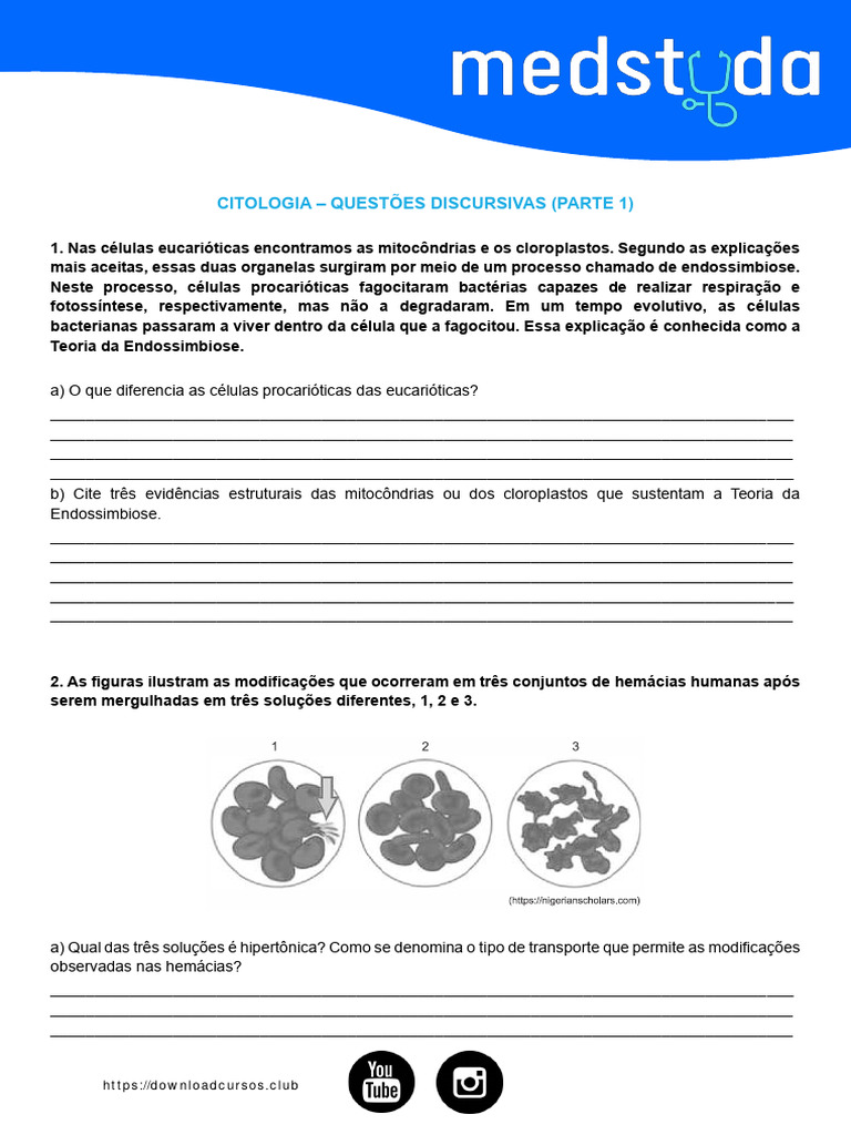 Questões Discursivas de Citologia | PDF | Célula (Biologia) | Lisossoma
