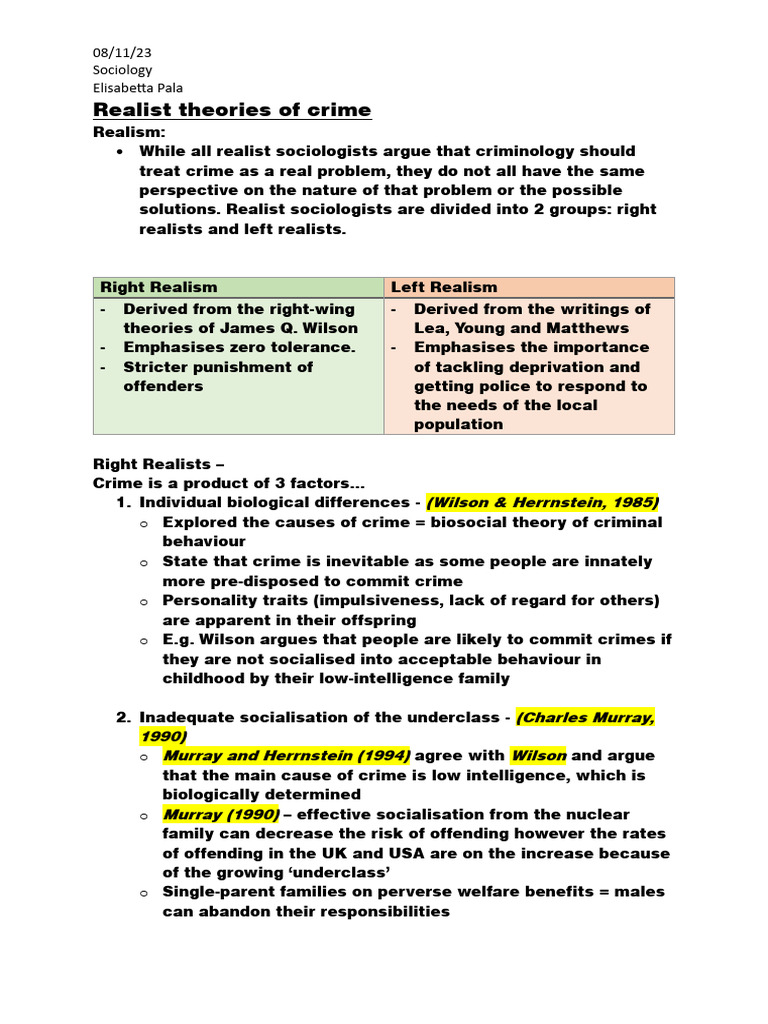 Realist Theories of Crime Explained | PDF | Criminology | Crime & Violence