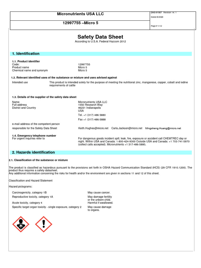 Micro 5 Safety Data Sheet | PDF | Dangerous Goods | Toxicity
