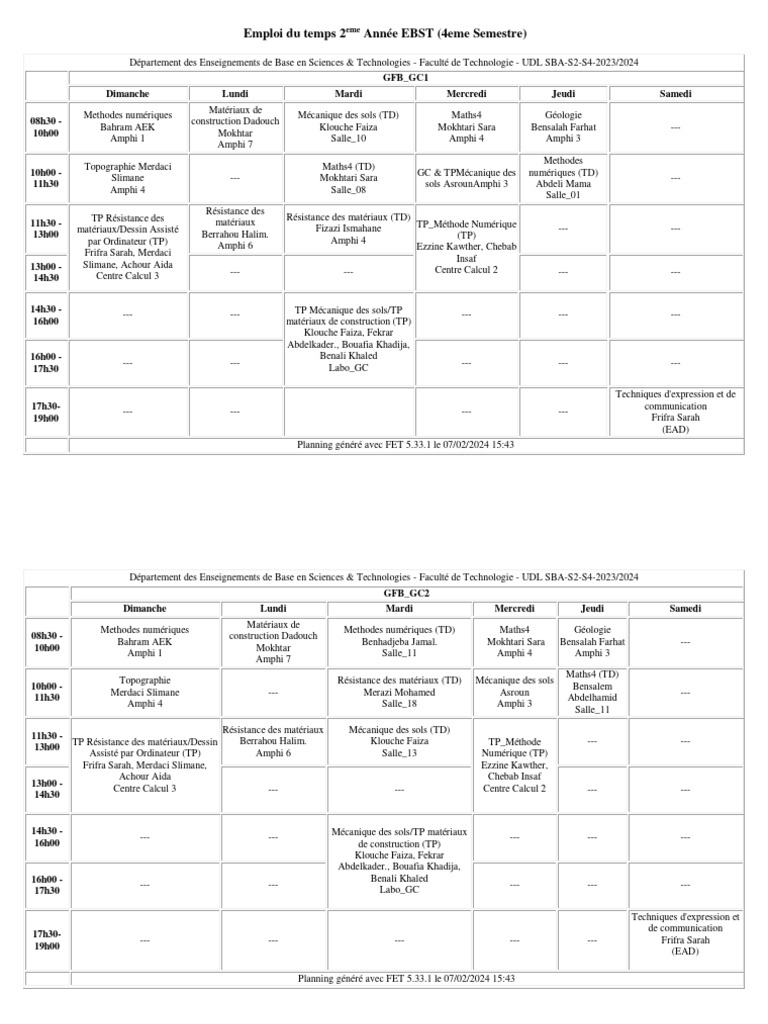 Emploi du temps 2ème Année EBST | PDF | Sciences physiques | Physique ...