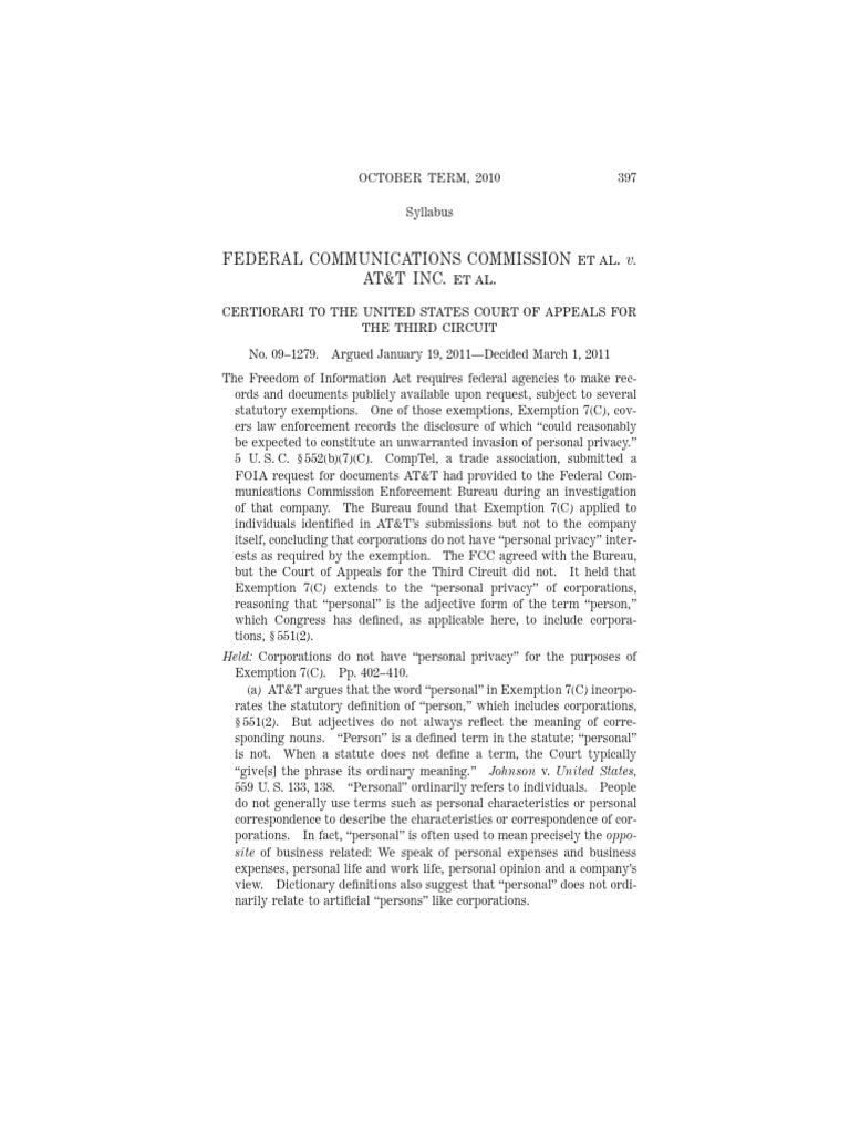 FCC v. AT&T: Corporate Privacy Ruling | PDF | Freedom Of Information ...
