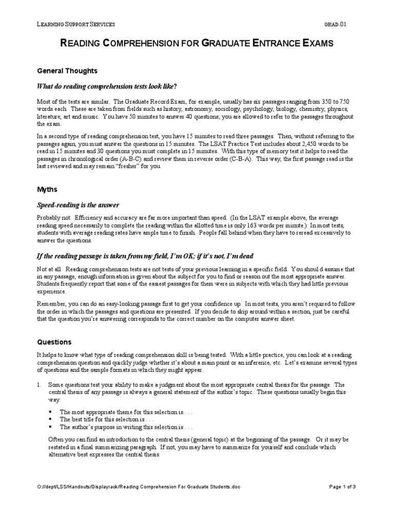 Worksheet Comprehension Passages With Questions reading comprehension for graduate students test assessment comprehension
