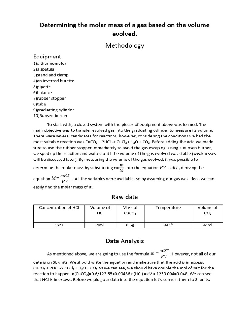 Molar Mass Calculation of Evolved Gas | PDF | Gases | Mole (Unit)