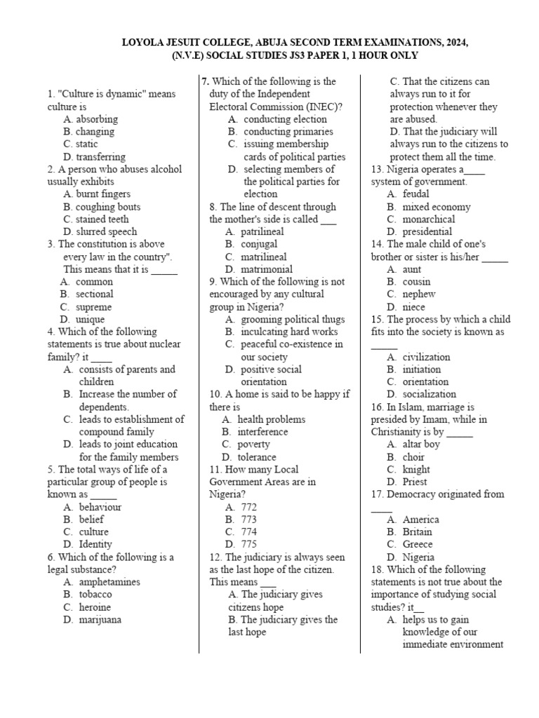 Social Studies Exams Questions Js3 PDF Elections Voting