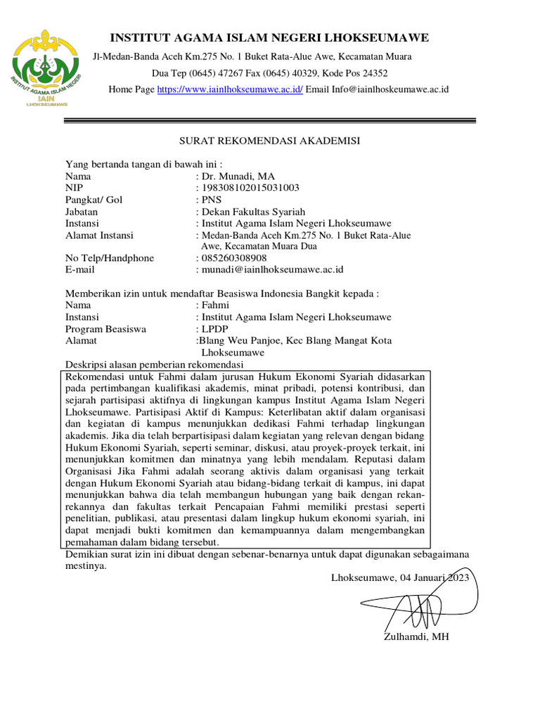 Surat rekomendasi lpdp 2024 pdf