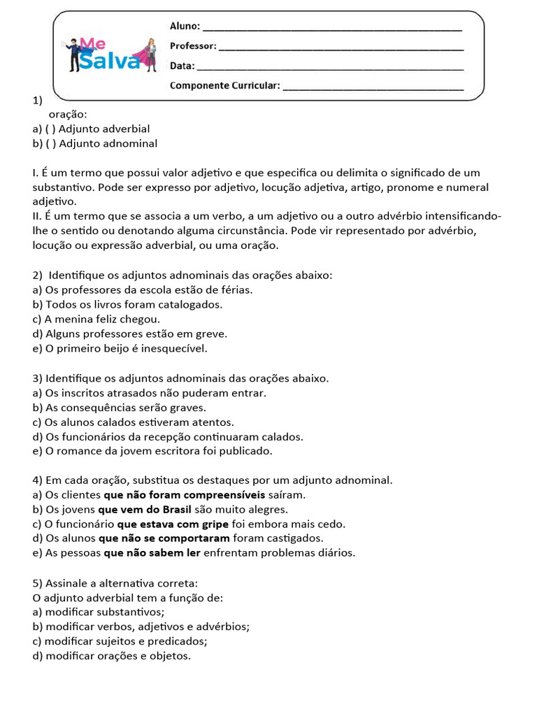 Adjunto Adnominal e Adjunto Adverbial | PDF | Adjetivo | Substantivo