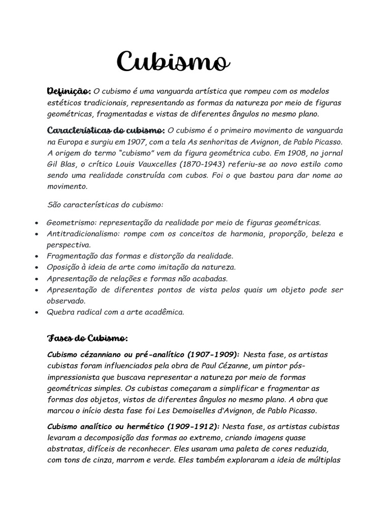 Resumo Sobre Cubismo | PDF | Cubismo | Movimentos artísticos