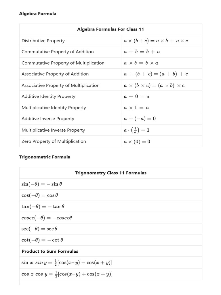 Maths formulas for class 11 all important 11th class math formulae