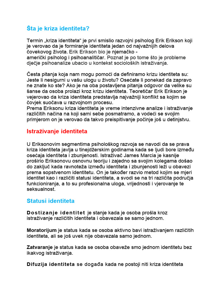 Šta Je Kriza Identiteta | PDF