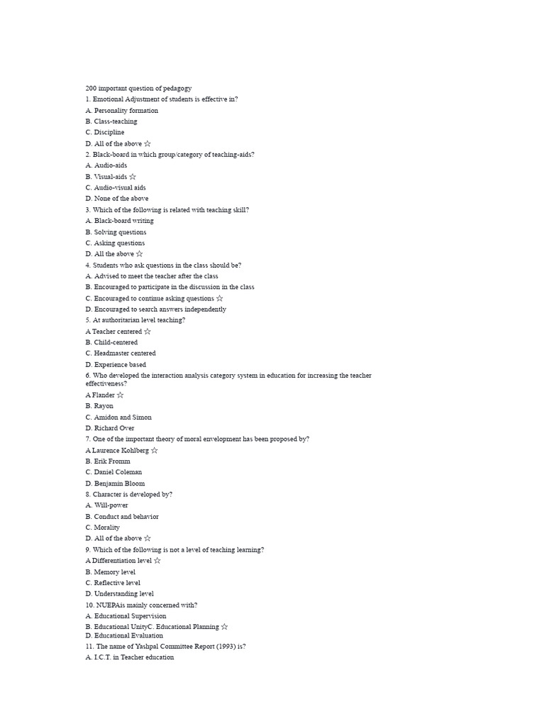 200 Important Pedagogy Mcqs Pdf Educational Assessment Teachers