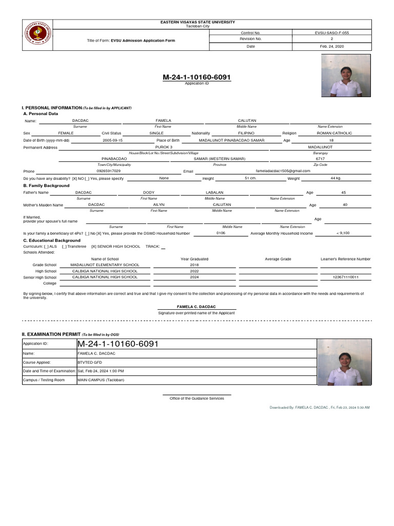 EVSU Admission Form | PDF