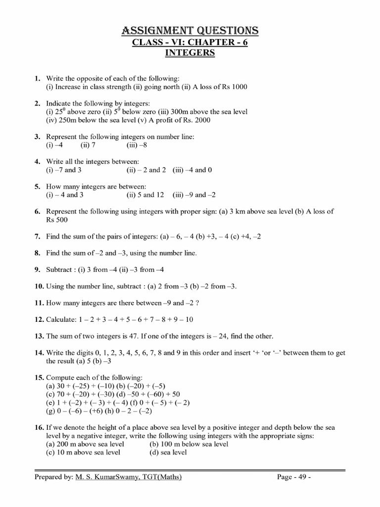 Class-Vi-Maths-Question-Bank-For-2017-18.pd Integer | PDF