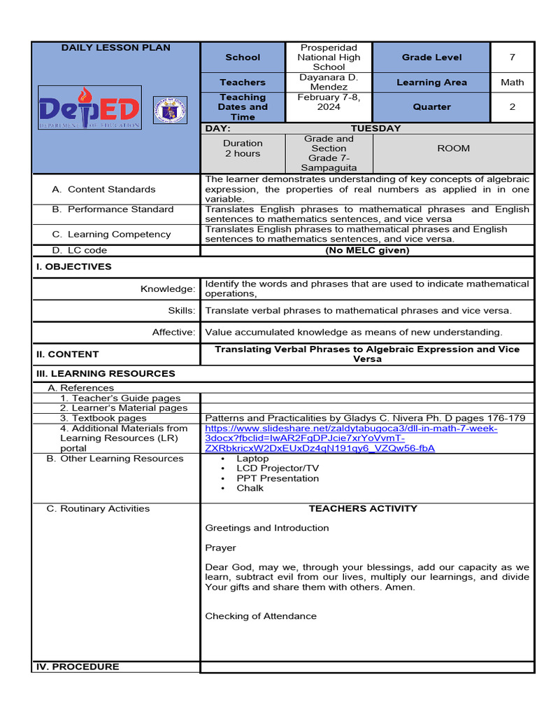 Grade 7 Math Lesson Plan: Algebraic Expressions | PDF | Mathematics ...