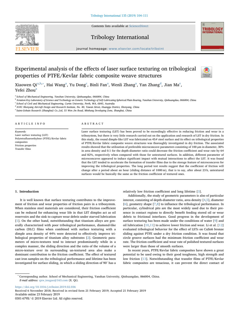 Laser Texturing Effects on PTFE/Kevlar Tribology | PDF | Wear | Friction