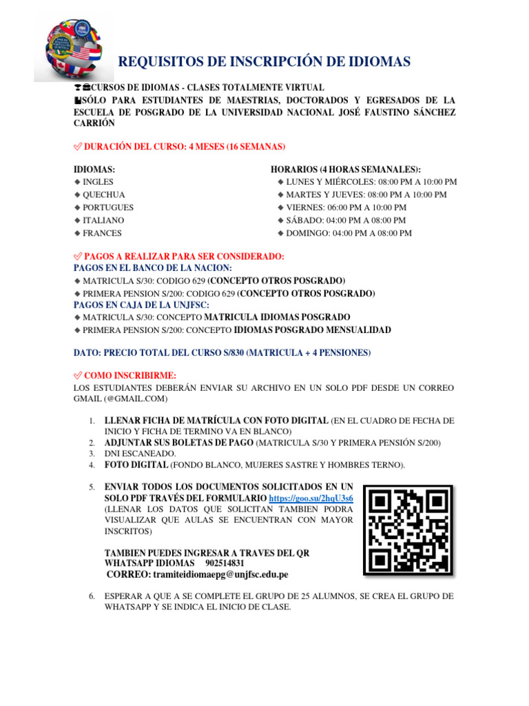 Requisitos de Inscripción de Idiomas 2024 | PDF