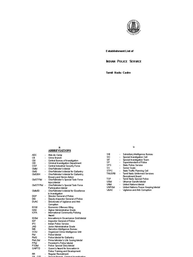 Establishment List Ips Officers Tamil Nadu Cadre Tamil Nadu Law Enforcement