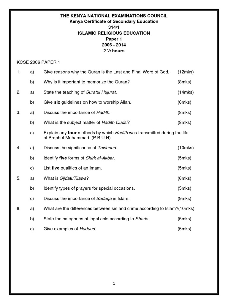 Ire 2006 2014 Kcse Knec Paper 1 Questions and Answers Paper 1 PDF