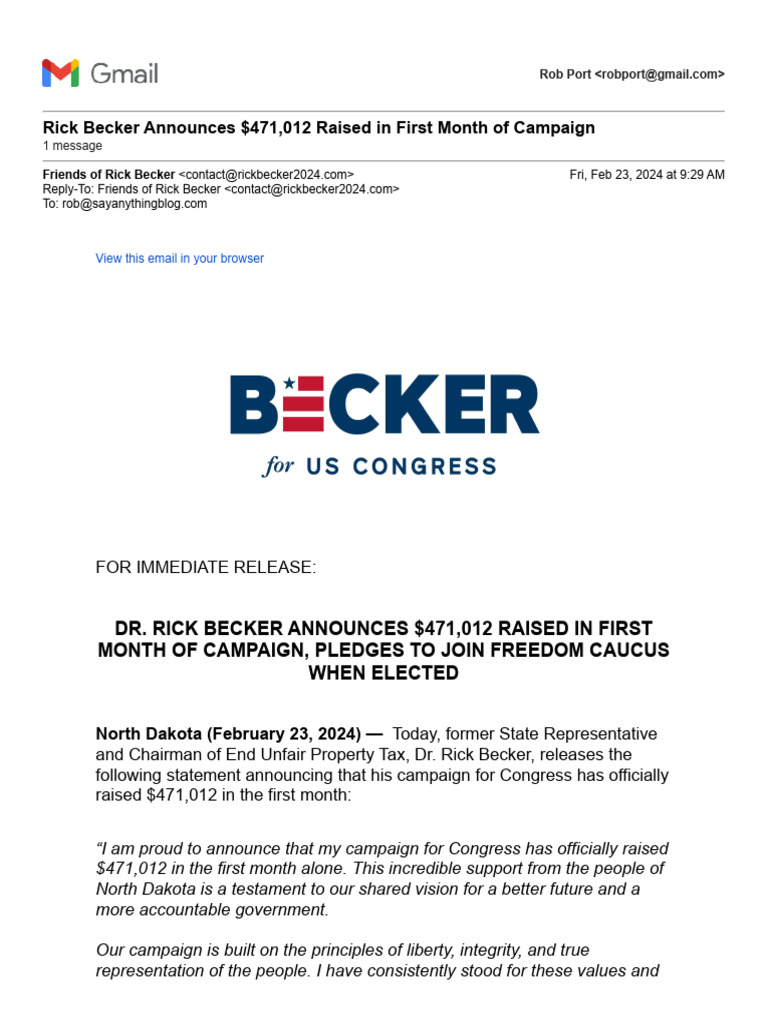 Rick Becker Campaign Announcement | PDF | Politics Of The United States ...