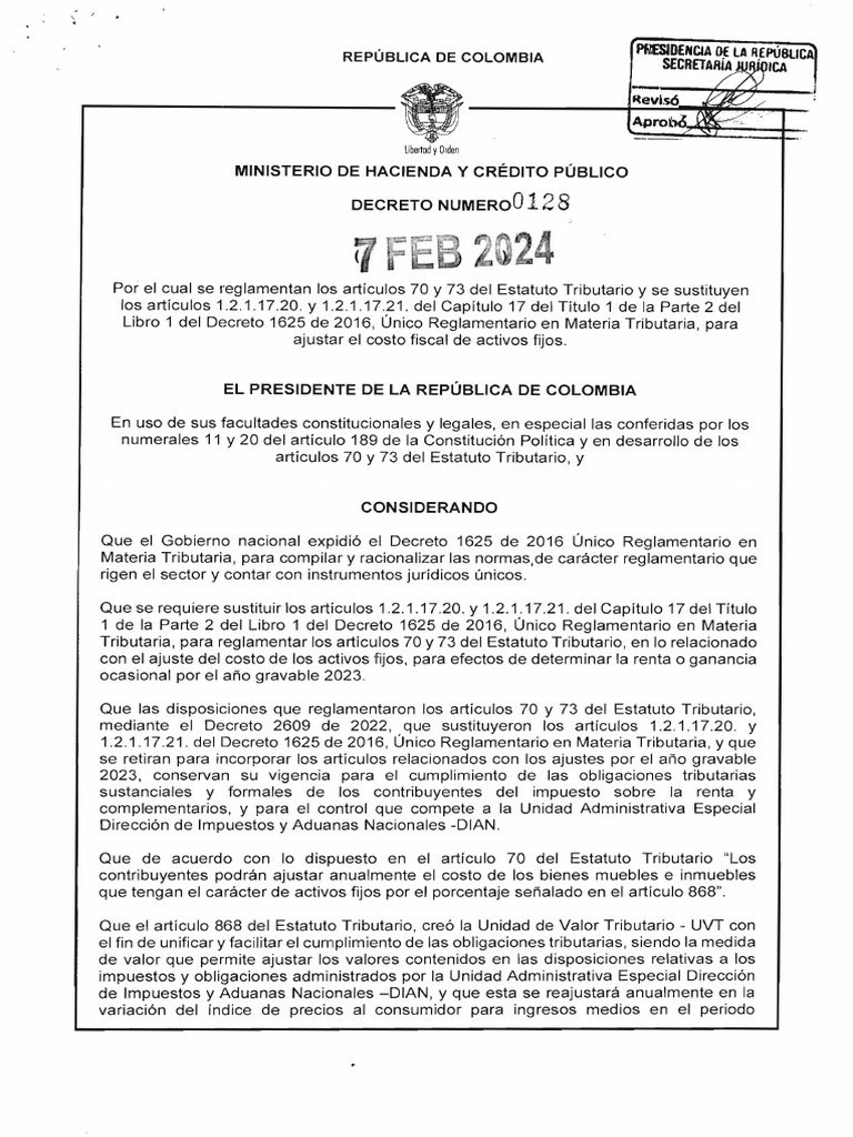 Decreto 0128 Del 7 de Febrero de 2024 | PDF | Impuestos | Compartir ...