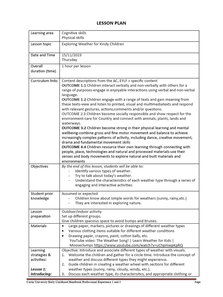 Weather Exploration Lesson Plan for Kids | PDF | Learning | Nonverbal ...